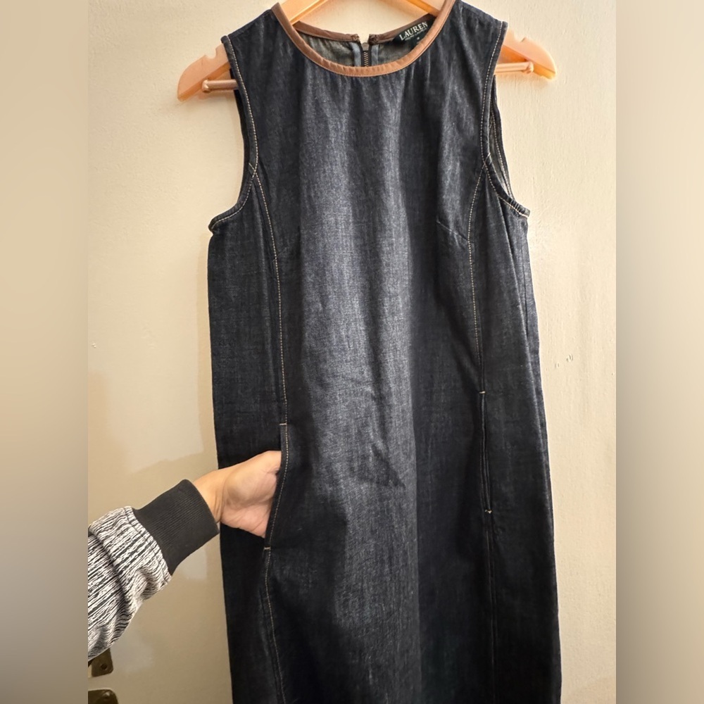 Lauren Ralph Lauren Dark Blue Denim Leather Trim Sleeveless Sheath Dress Size 8 - Picture 5 of 8